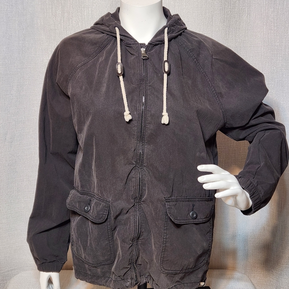 Vintage Old Navy Military Bomber Hooded Panther Zip Smock Jacket Poplin Small